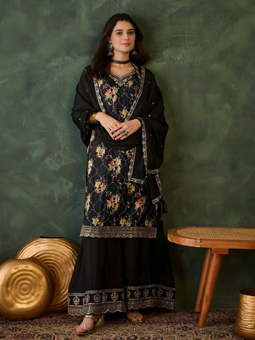 The52 Women's Gorgeous Embroidery Chinon Fabric Straight Kurta Palazzo and Dupatta Set-Black | Grocsy
