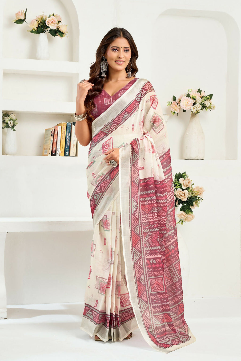 Vastranavya White Maroon Digital Printed Linen Ready To Wear Designer Saree with Unstitched Blouse | Grocsy