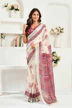Vastranavya White Maroon Digital Printed Linen Ready To Wear Designer Saree with Unstitched Blouse | Grocsy