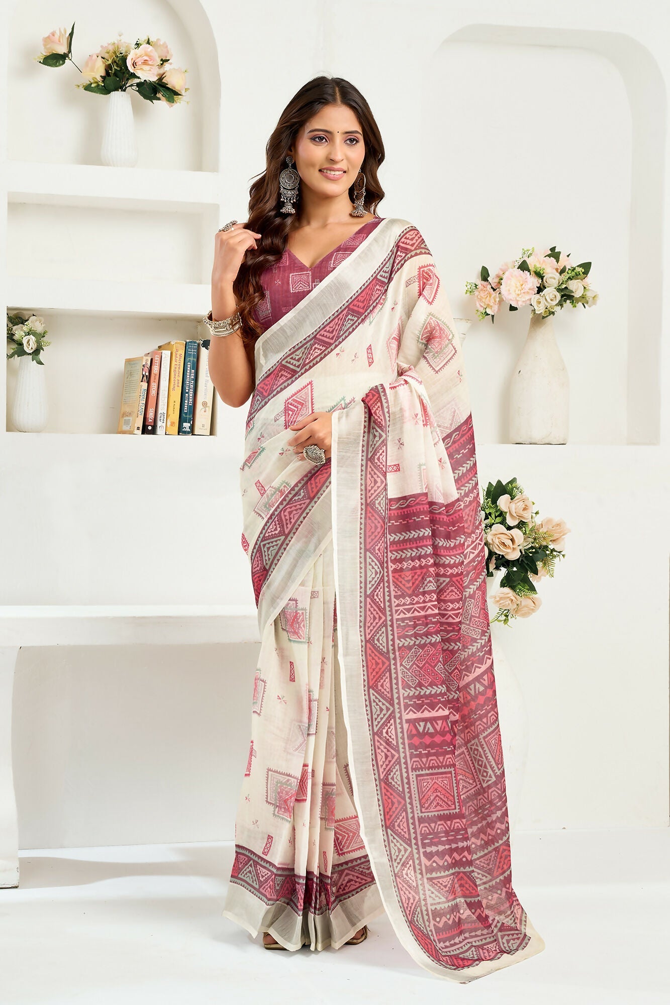 Vastranavya White Maroon Digital Printed Linen Ready To Wear Designer Saree with Unstitched Blouse | Grocsy