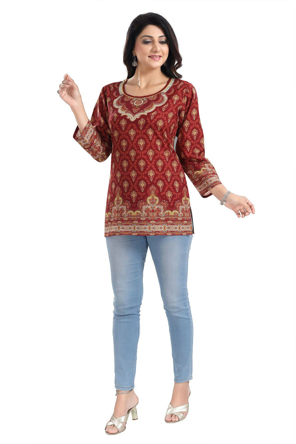 Snehal Creations Magical Maroon Printed Short Kurti Tunic Top | Grocsy