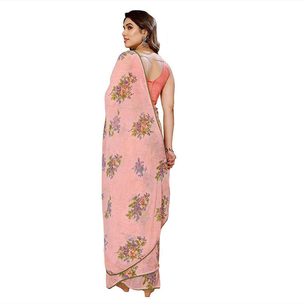 Women's Partywear Designer Peach Georgette Fancy Saree - Satrangi | Grocsy