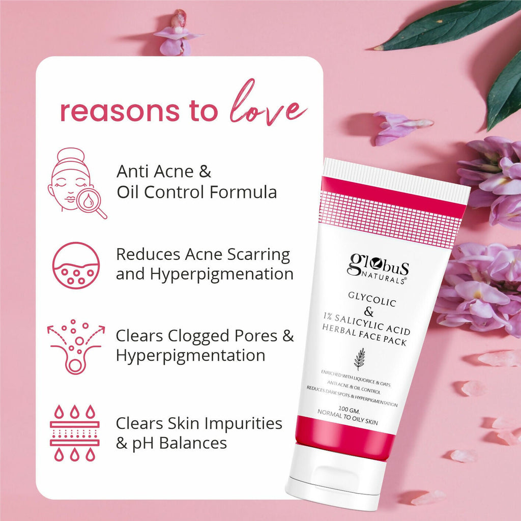 Globus Naturals Anti Acne Glycolic & 1 % Salicylic Acid Face Pack, For Acne Prone & Oily Skin | Grocsy