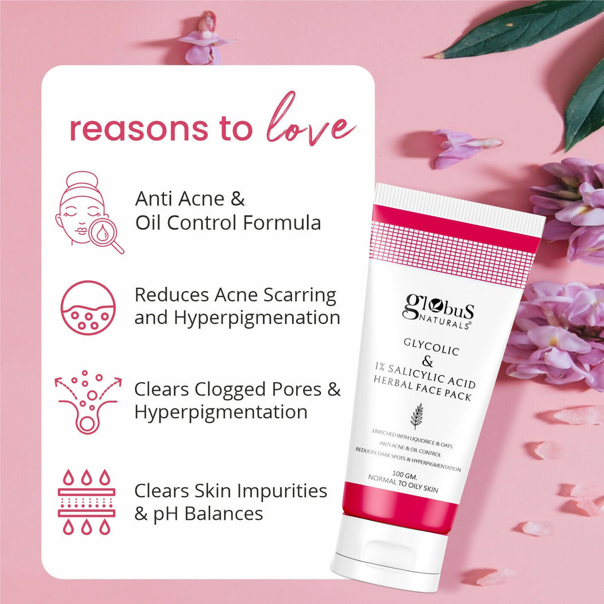 Globus Naturals Anti Acne Glycolic & 1 % Salicylic Acid Face Pack, For Acne Prone & Oily Skin | Grocsy