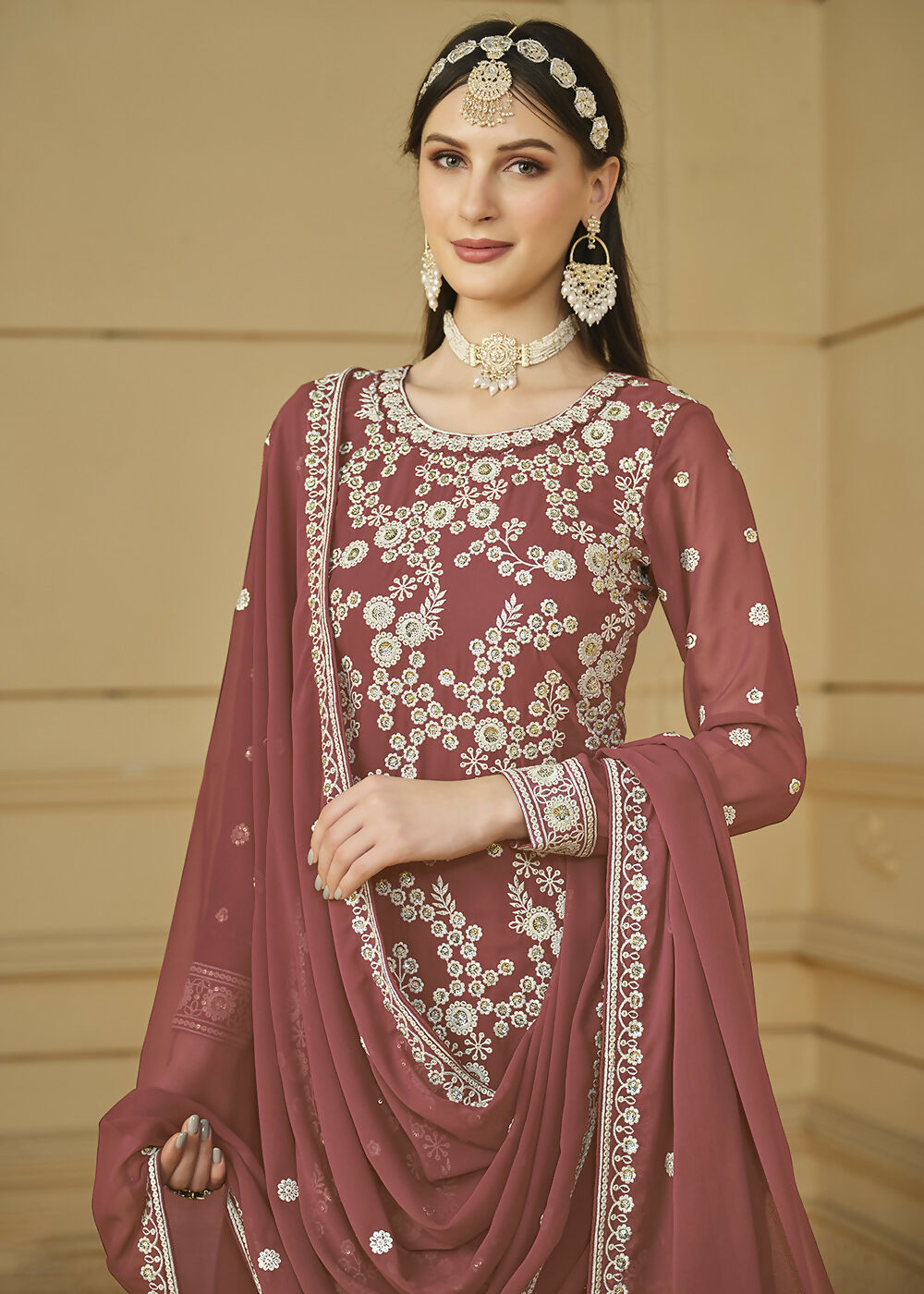 Rust Brown Embroidered Georgette Gharara Style Suit - Emponline | Grocsy
