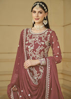 Rust Brown Embroidered Georgette Gharara Style Suit - Emponline | Grocsy