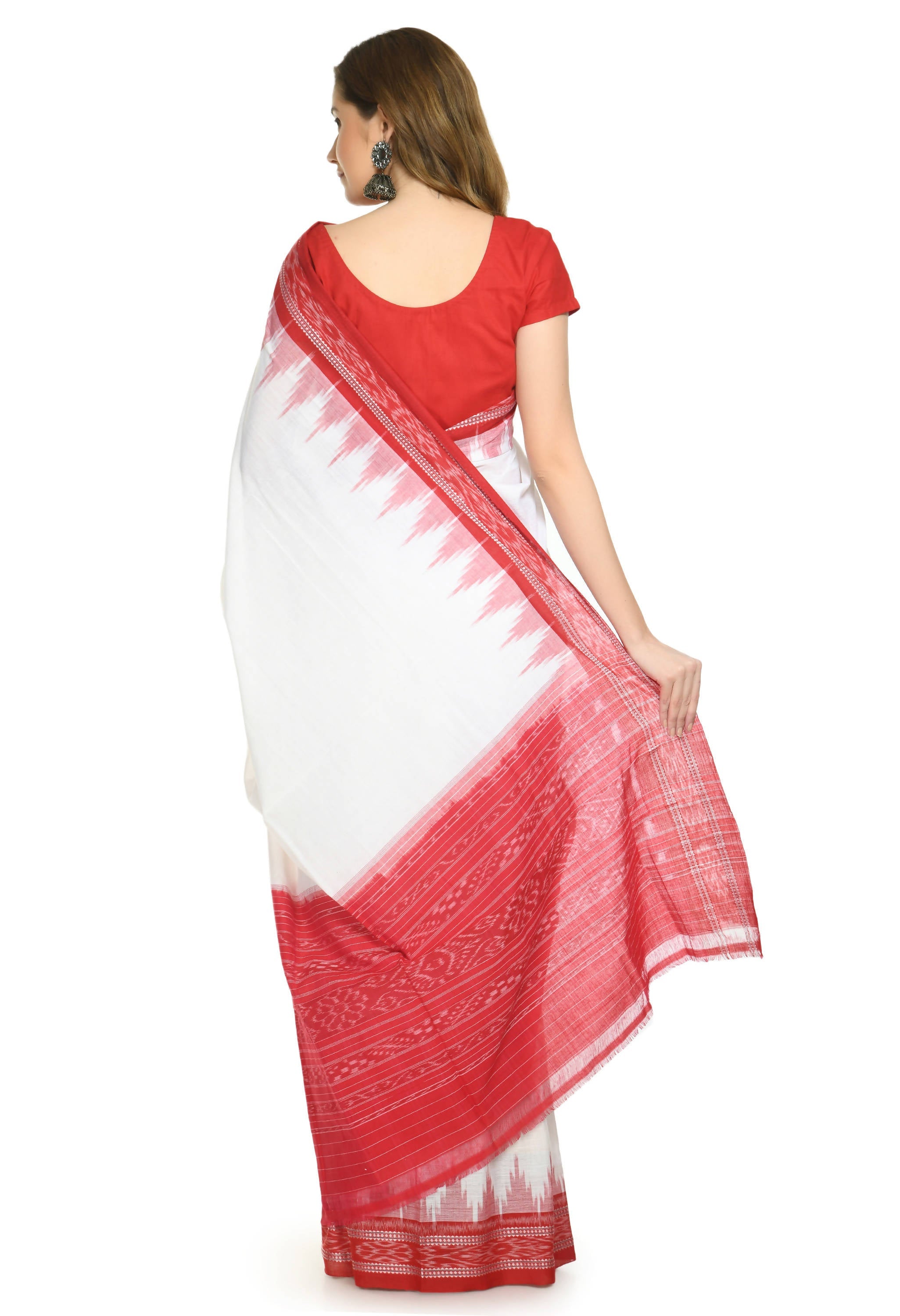 Vamika Sambalpuri Ikat Cotton Plane Kumbha White & Red Saree | Grocsy