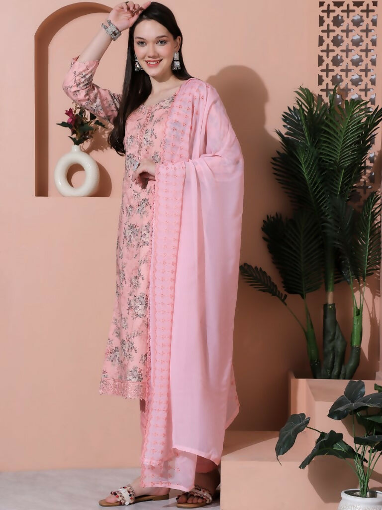 Jyoti Fashion Women's Pink Cotton Floral Digital Printed Kurta with Trouser & Dupatta | Grocsy
