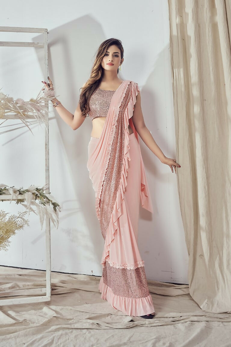 Mahotsav Women's Peach Lycra Embellished Ready To Wear Saree With Stitched Blouse | Grocsy