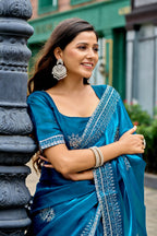 Vastranavya Sea Blue Embroidery Work Shimmer Chiffon Saree with Unstitched Blouse | Grocsy