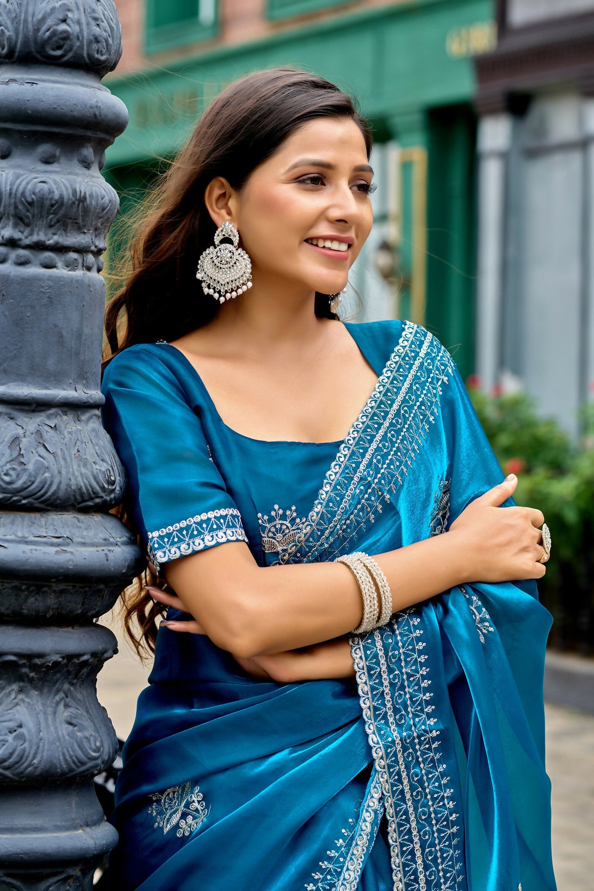 Vastranavya Sea Blue Embroidery Work Shimmer Chiffon Saree with Unstitched Blouse | Grocsy