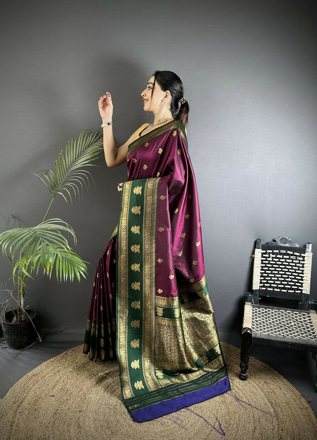 Joban Fashion Wine Banarasi Soft Silk Woven Butti Saree | Grocsy