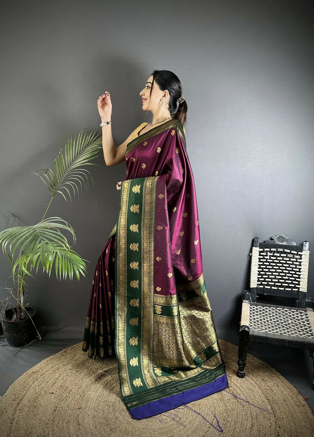 Joban Fashion Wine Banarasi Soft Silk Woven Butti Saree | Grocsy