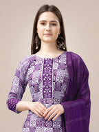 Jyoti Fashion Women's Purple Rayon Print with Embroidery & Fancy Lace Work Kurta with Trouser & Dupatta | Grocsy