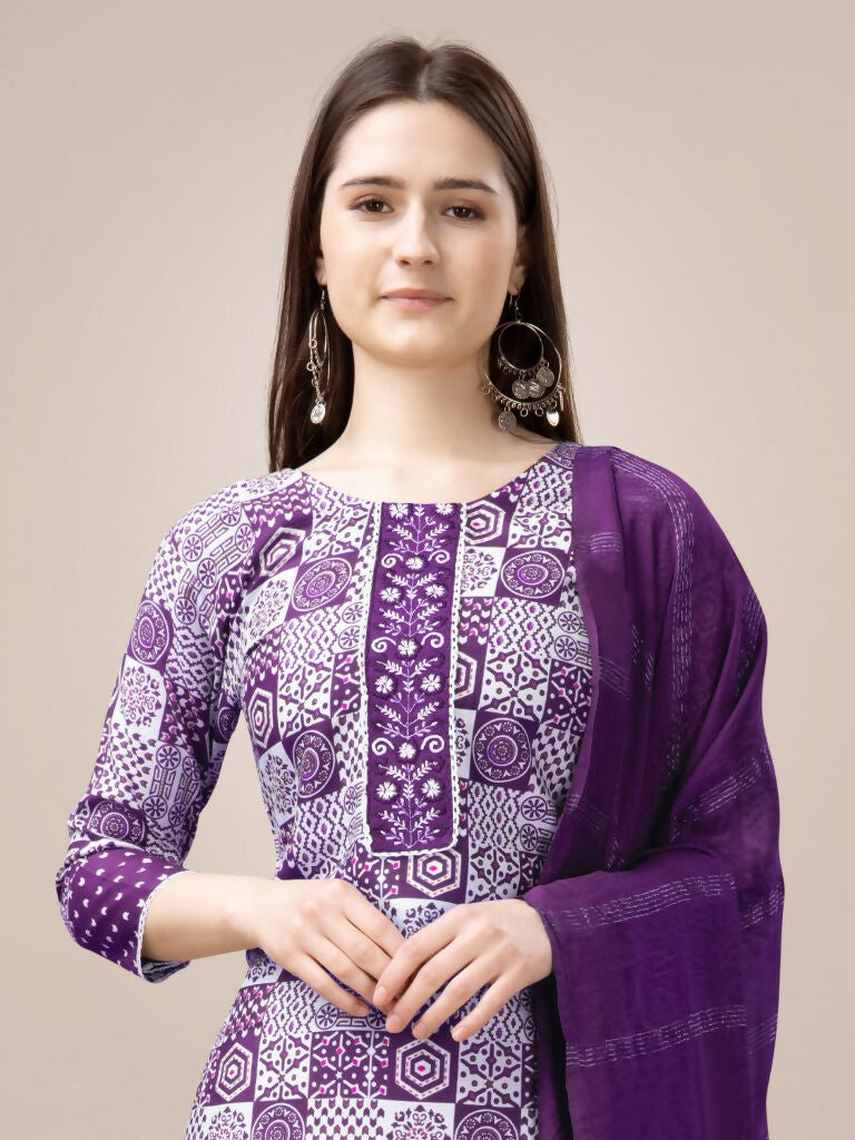 Jyoti Fashion Women's Purple Rayon Print with Embroidery & Fancy Lace Work Kurta with Trouser & Dupatta | Grocsy