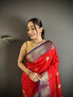 Joban Fashion Red Intricate Zari Weaving Soft Silk Banarasi Saree | Grocsy