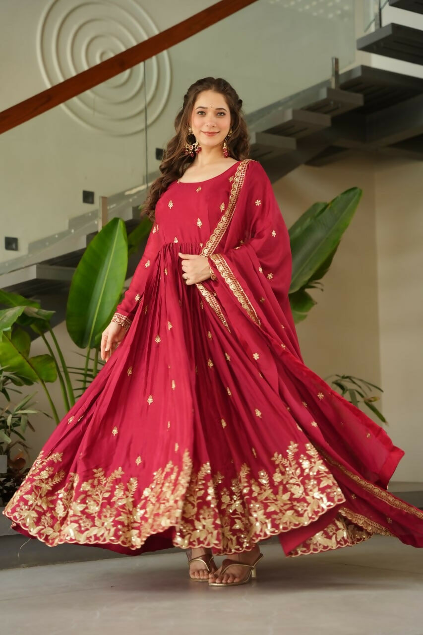 Teeya Creation Maroon Color Chinon Silk Party Wear Long Gown | Grocsy