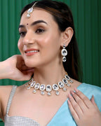 VOJ Kundan Studded Silver Plated White Color Jewellery Set with MaangTikka | Grocsy