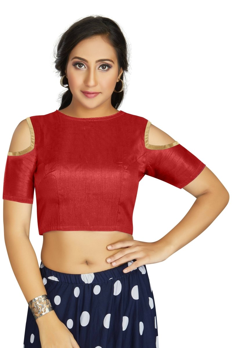 Aastha Fashion Women's Red Art Silk Cold Shoulder Sleeve Readymade Blouse | Grocsy