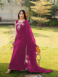 Nikhaar Magenta Embroidered Art Silk Stitched A Line Kurta Palazzo Dupatta Readymade Suit | Grocsy