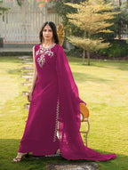 Nikhaar Magenta Embroidered Art Silk Stitched A Line Kurta Palazzo Dupatta Readymade Suit | Grocsy