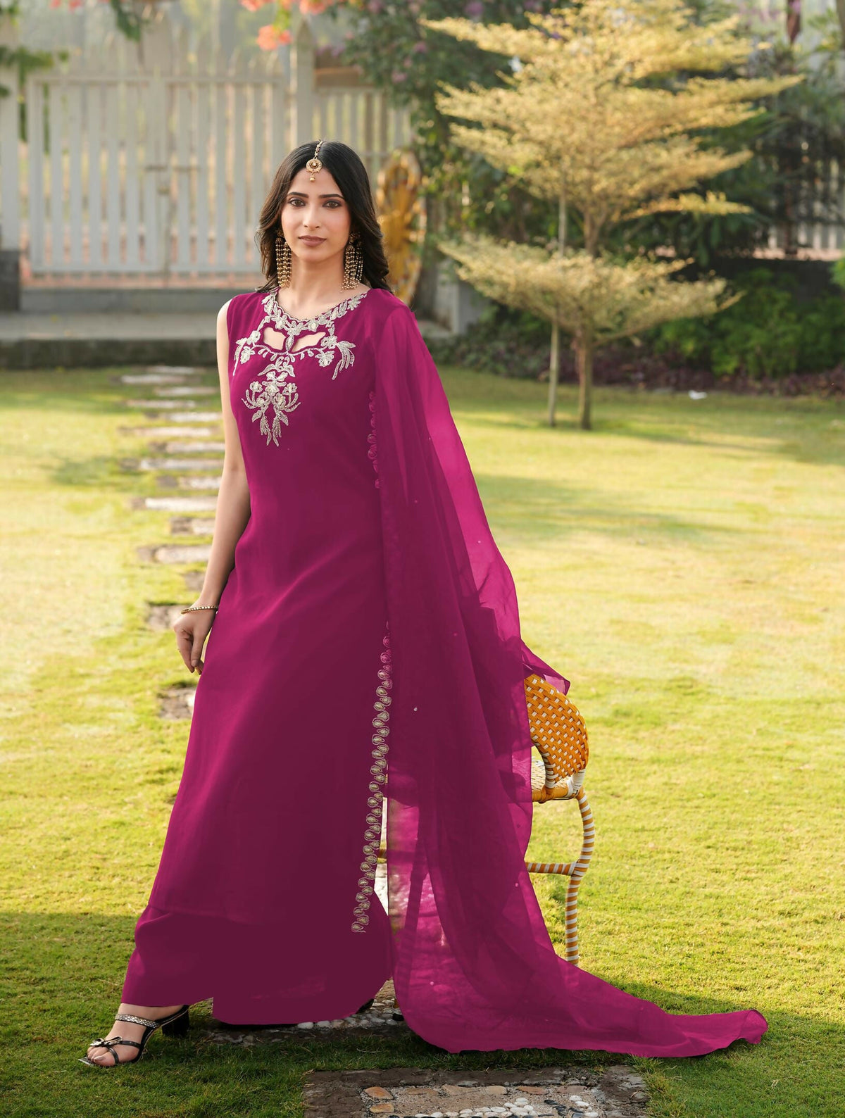 Nikhaar Magenta Embroidered Art Silk Stitched A Line Kurta Palazzo Dupatta Readymade Suit | Grocsy