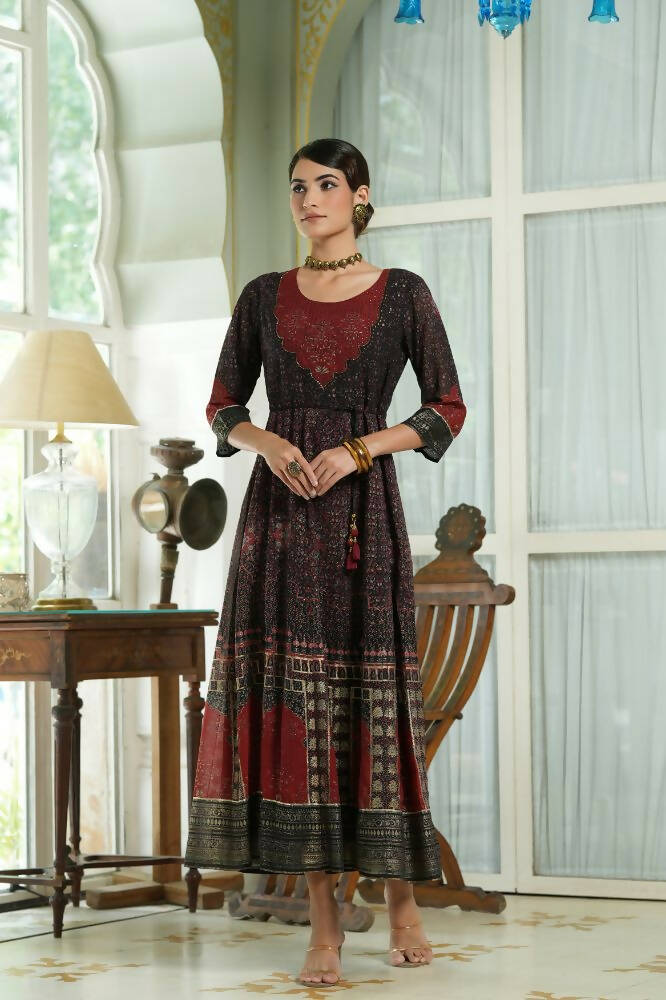 Juniper Black Georgette Festive Printed Anarkali Flared Anarkali Kurta For Women | Grocsy