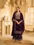 Anaita Wine Embroidered Velvet Stitched Plazo Suit | Grocsy