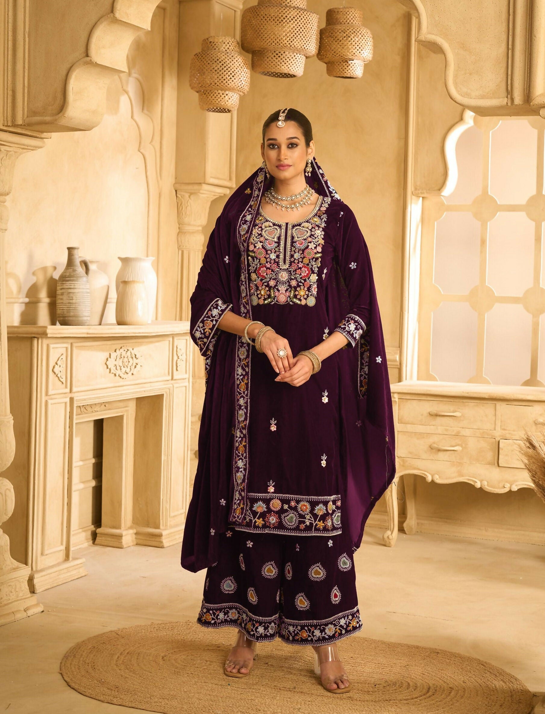 Anaita Wine Embroidered Velvet Stitched Plazo Suit | Grocsy