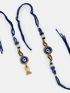 NVR Women & Men Set of 2 Blue Evil Eye Beaded Bhaiya Bhabhi Rakhi With Roli Chawal | Grocsy