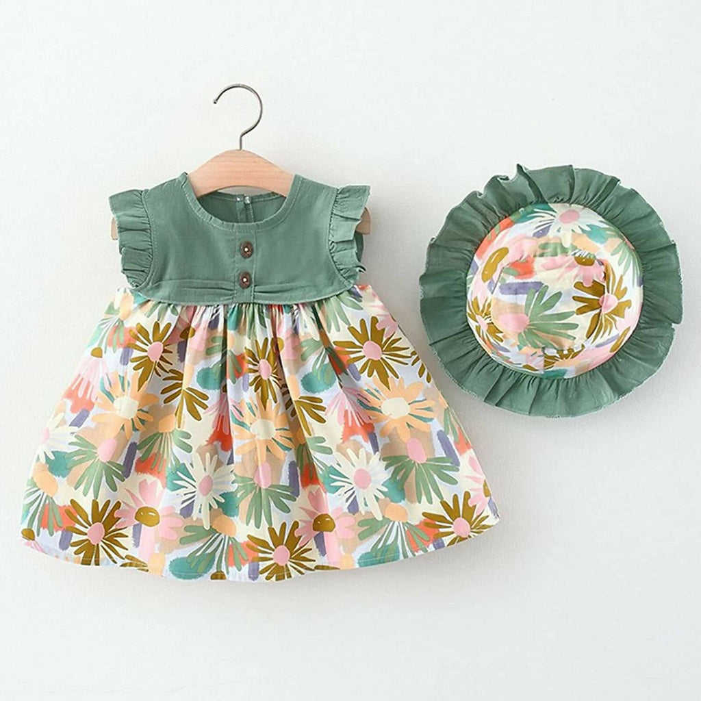 Bold N Elegant Cotton Floral Printed Ruffle Sleeve Princess Dress Frock With Fabric Hat Cap - Green | Grocsy
