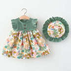 Bold N Elegant Cotton Floral Printed Ruffle Sleeve Princess Dress Frock With Fabric Hat Cap - Green | Grocsy
