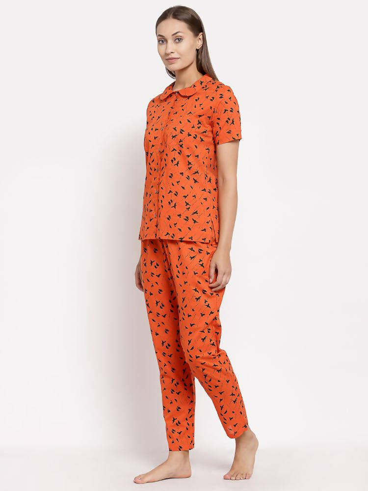Myshka Women's Brown Cotton Printed Half Sleeve Collar Neck Casual Night suit | Grocsy