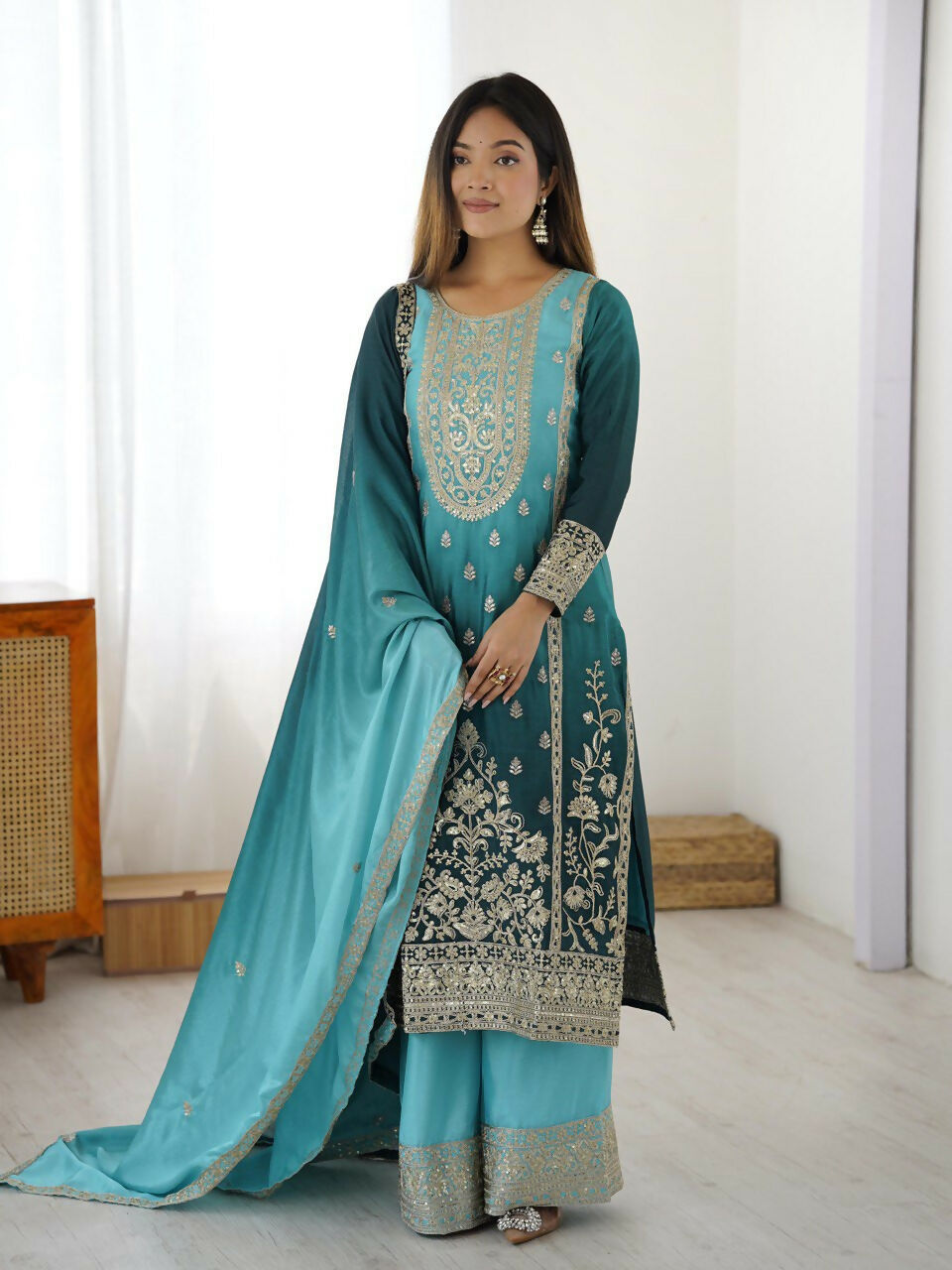 The52 Women's Gorgeous Chinon silk Fabric Embroidery Work Straight Kurta Palazzo and Dupatta Set | Grocsy
