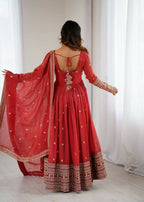 The52 Women's Beautiful Embroidery Work Crunchy Silk Fabric Flared Anarkali and Dupatta Set | Grocsy