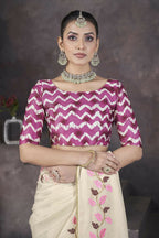 Vastranavya Off White Soft Crush Georgette Thread Embroidery work of Leaf Pattern with Patched Lace Border Saree | Grocsy