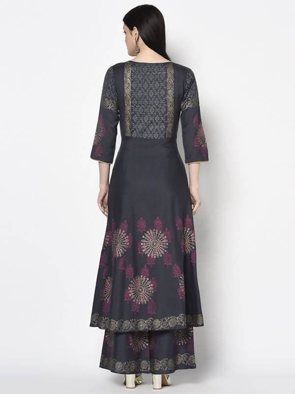 Aniyah Rayon Dark Grey Color Block Print Anarkali Palazzo Set (AN-199K) | Grocsy