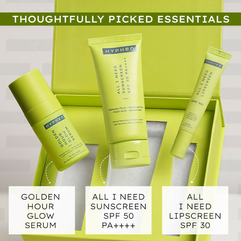 Hyphen By Kriti Sanon Daily Glow Essentials Gift Kit with Complete Skin Care Routine, with Face Serum, Moisturizing Sunscreen SPF & Lip Balm | Grocsy