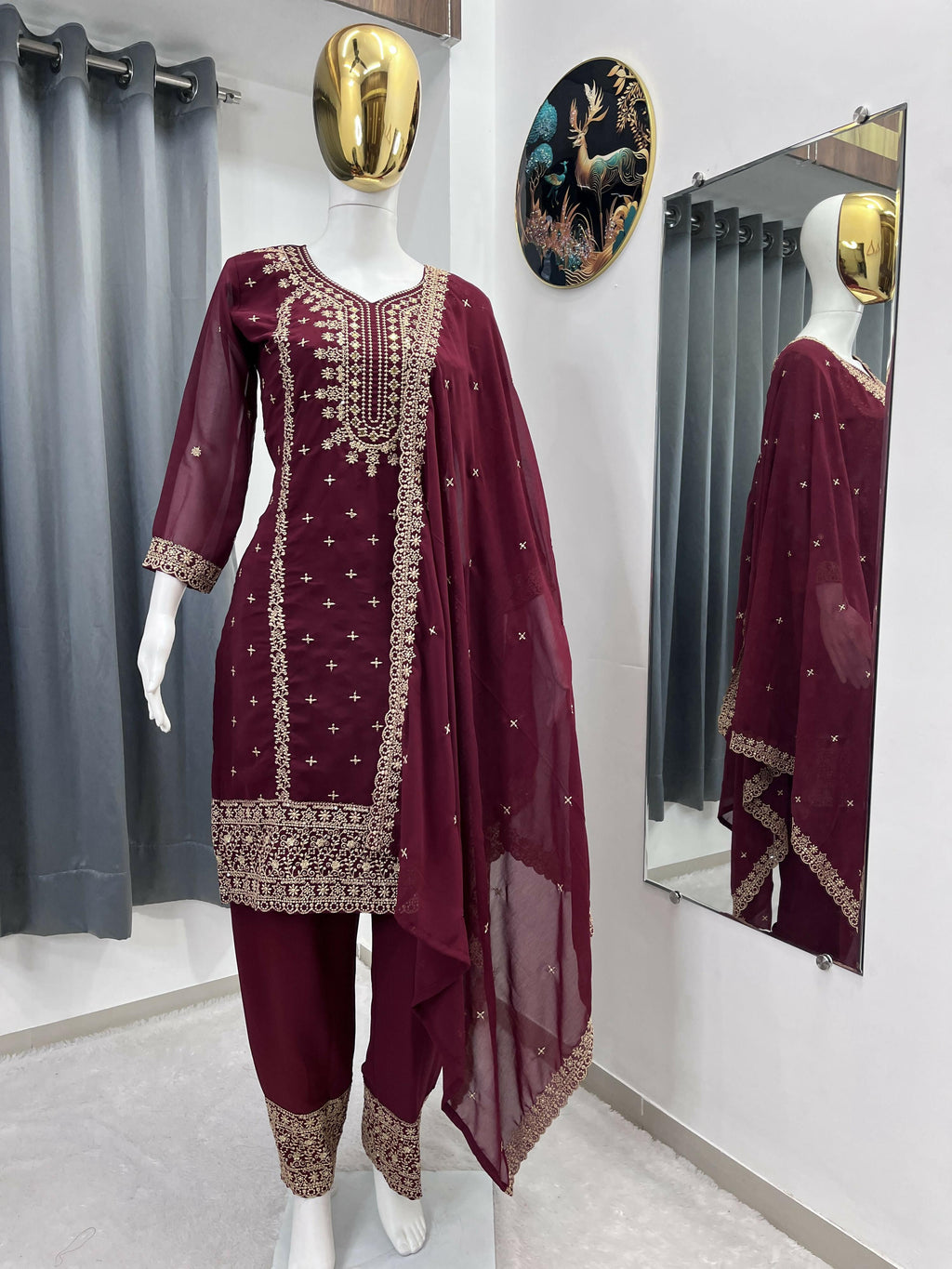 Teeya Creation Maroon Color Faux Georgette Embroidery Work Party Wear Salwar Suit | Grocsy