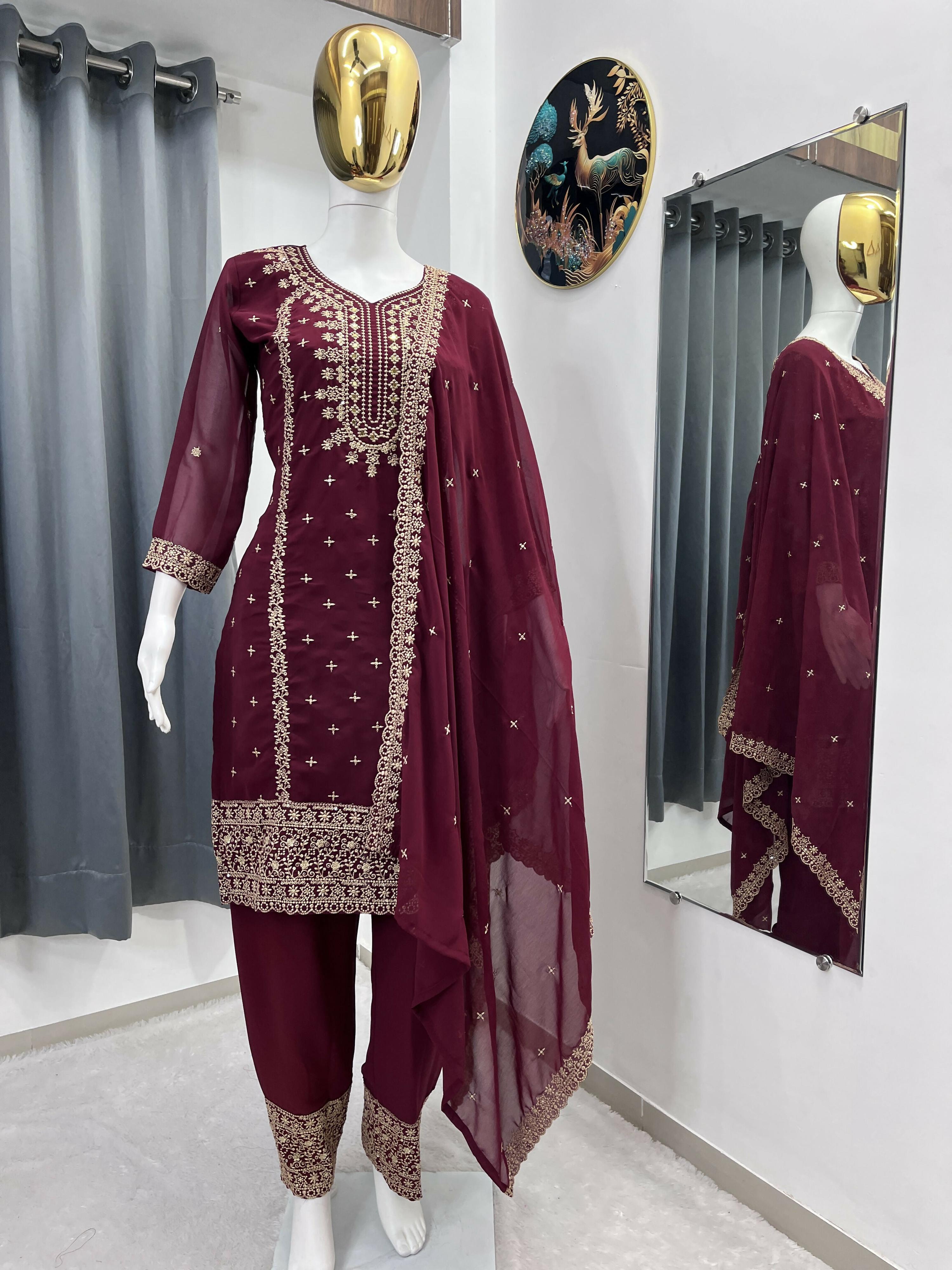 Teeya Creation Maroon Color Faux Georgette Embroidery Work Party Wear Salwar Suit | Grocsy