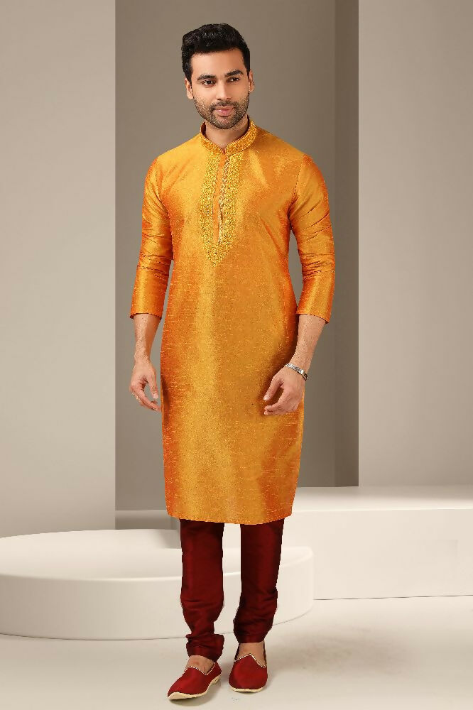 Raivat Ethnic Banarasi Art Silk Mirror Work Kurta Pajama In Mustard Colour | Grocsy