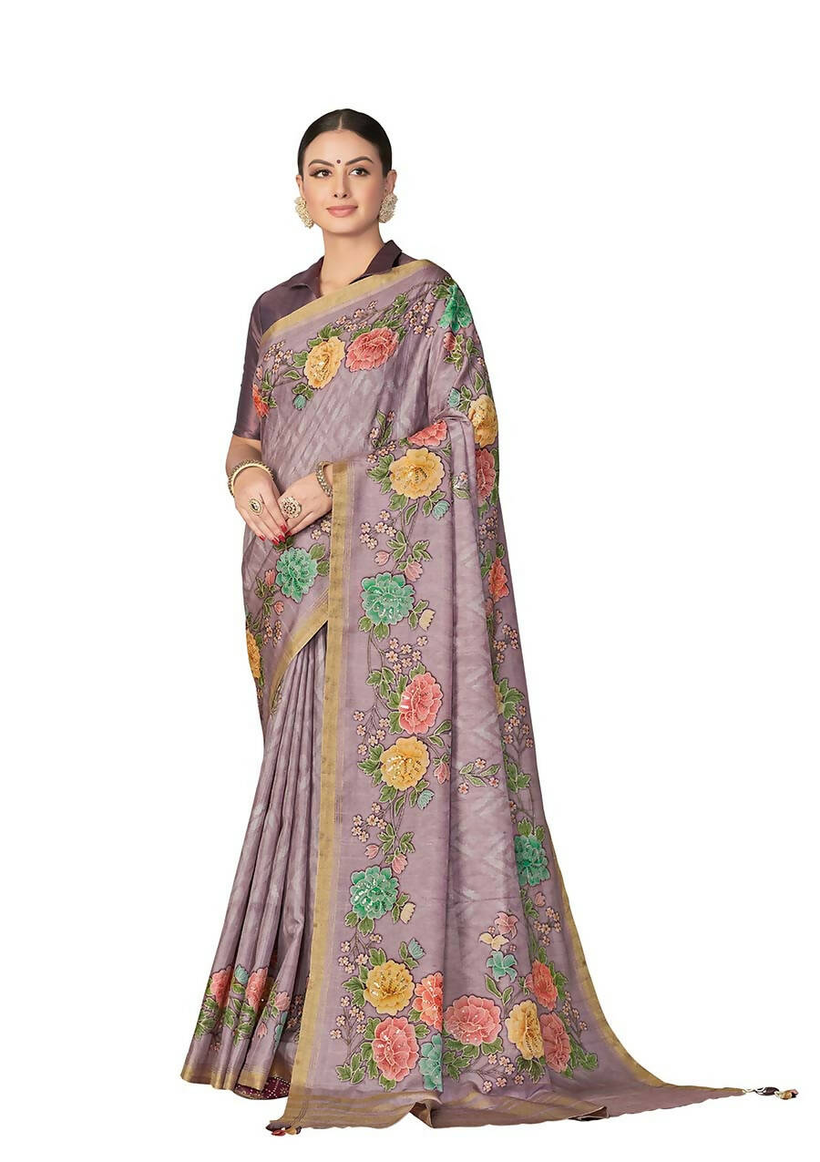 Lavendar Rangkat Tussar Silk Woven Design Saree with Unstitched Blouse - Mohmanthan Eshani | Grocsy