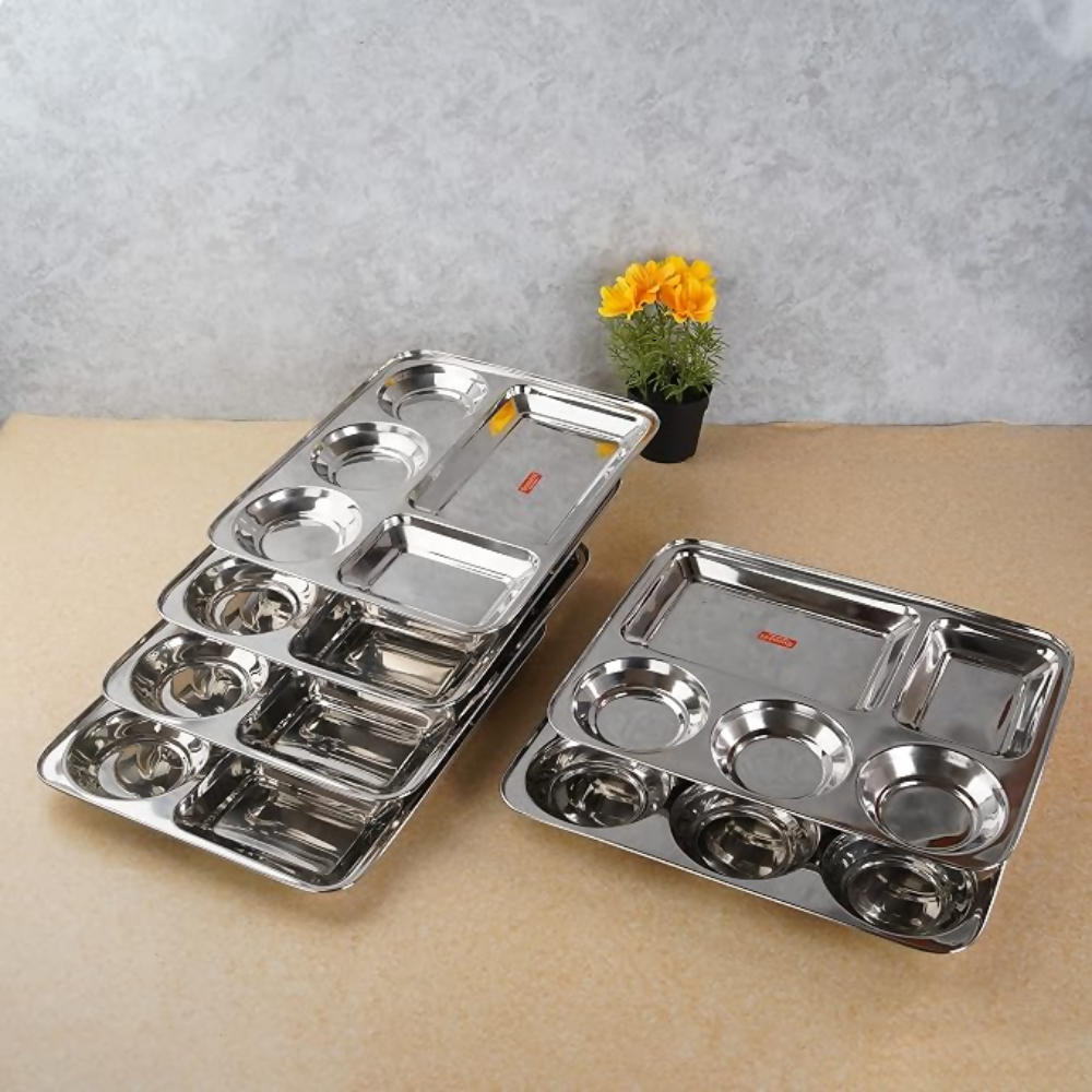 Sumeet Stainless Steel Rectangular 5 in 1 Compartment Lunch/Dinner Plate - small | Grocsy