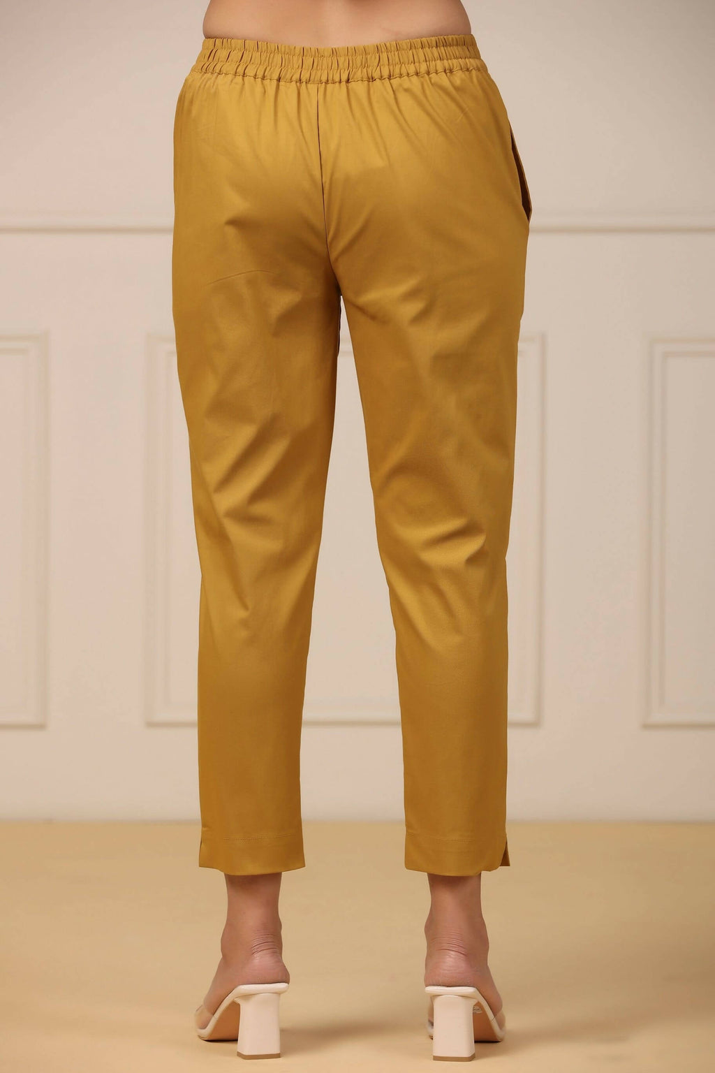 Juniper Women's Mustard Cotton Spendex Solid Straight Pant | Grocsy