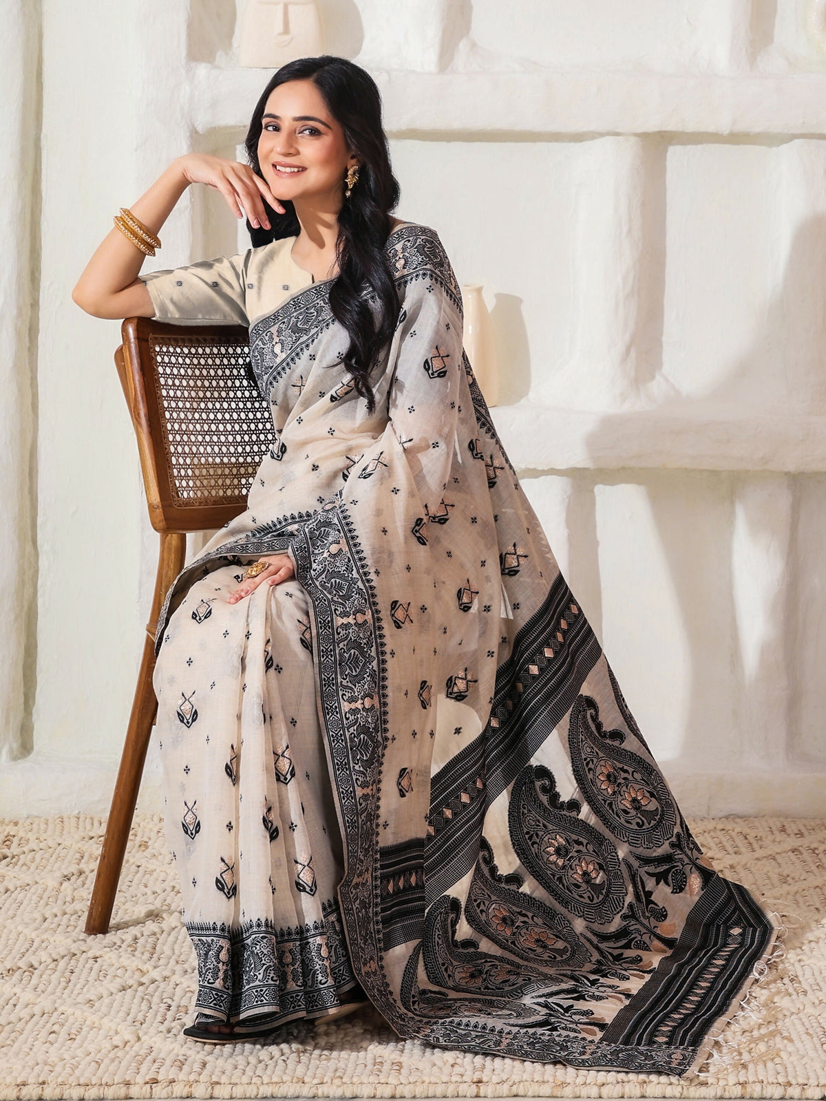 Shree Shyam Fashion Linen Cotton Black & Cream Saree | Grocsy