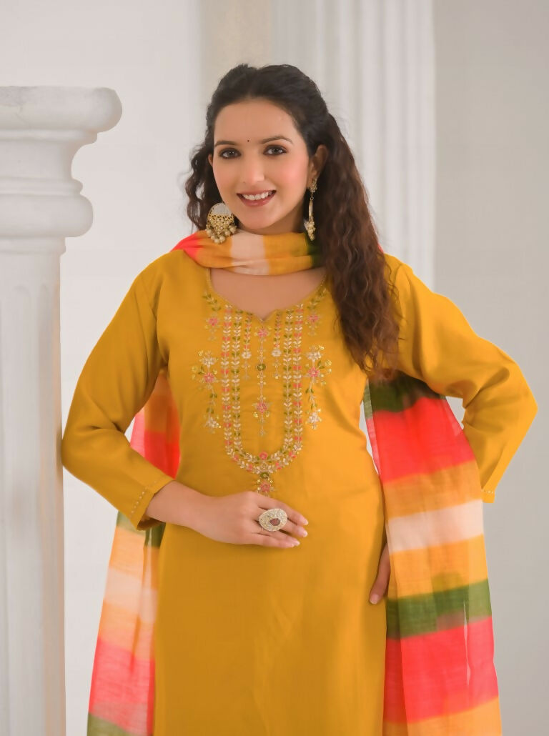 Ethnic Festive Wear Viscose Chanderi Yellow Stitched Suit With Dupatta - Tanisha | Grocsy
