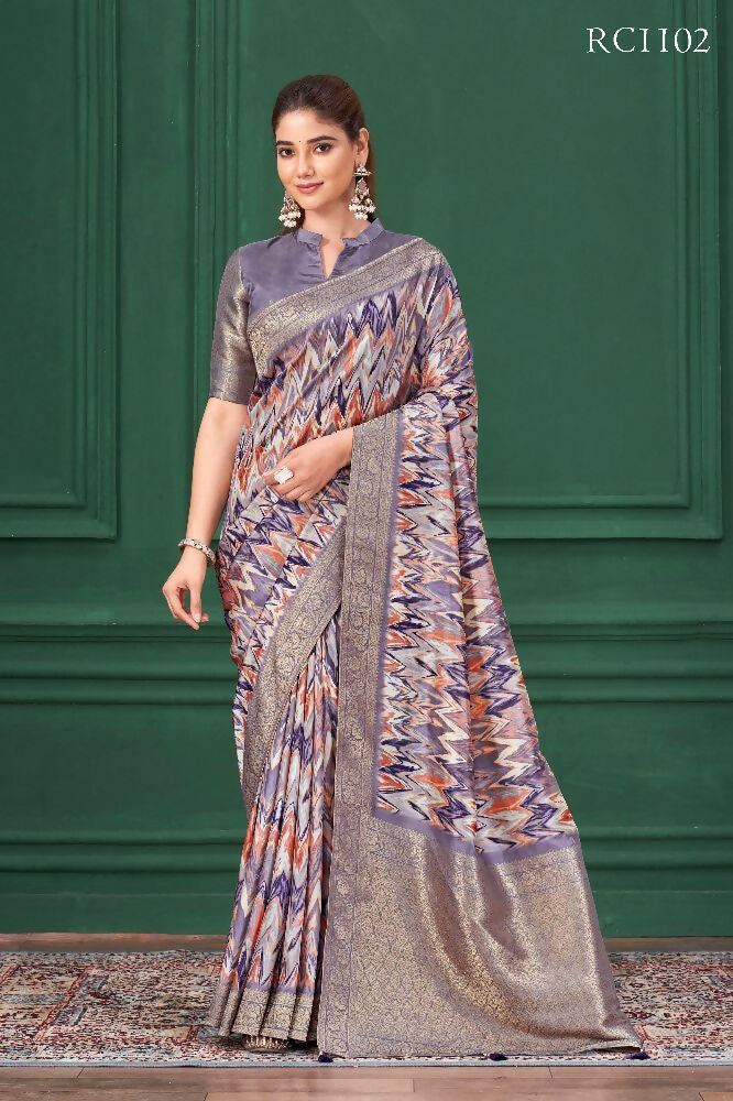 Purple Tussar Silk Jacquard Abstract Digital Print Saree with Unstitched Blouse - Mohira | Grocsy