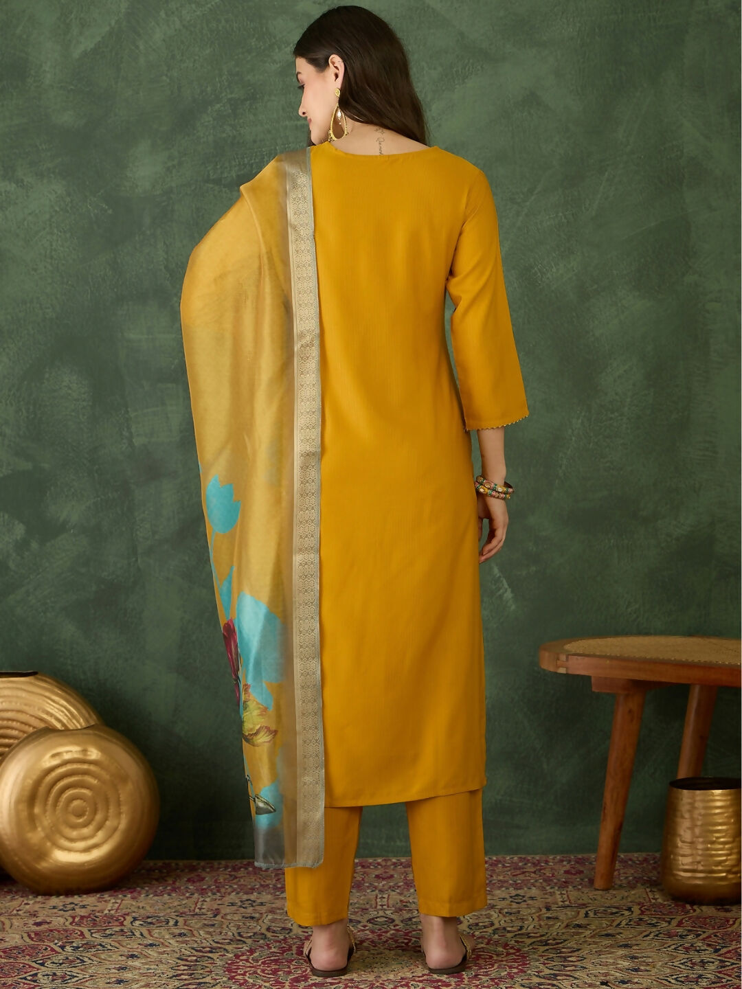 The52 Mustard Women's Beautiful Rayon Fabric Embroidered Work Straight Kurta, Pant and Dupatta Set | Grocsy