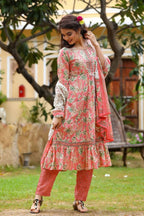 Yufta Pink Printed Tiered Kurta with Trouser and Dupatta | Grocsy