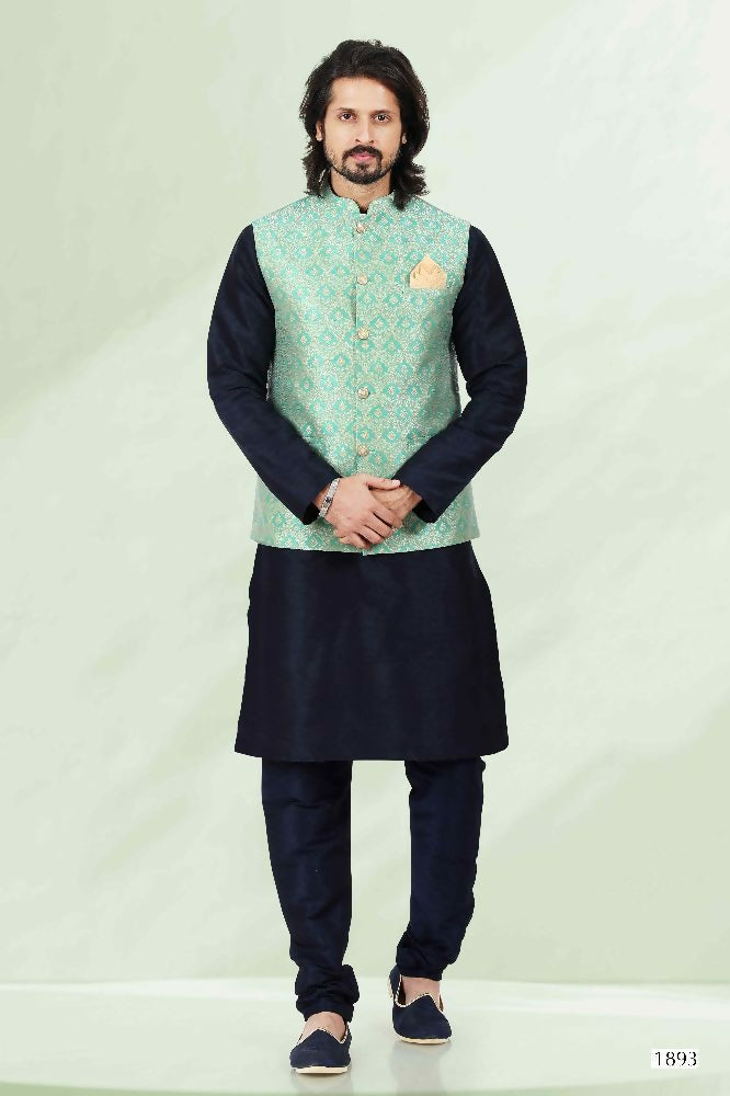 Raivat Ethnic Jacquard Banarasi Silk Woven Work 3 Pics Jacket Set In Pista Green Colour | Grocsy